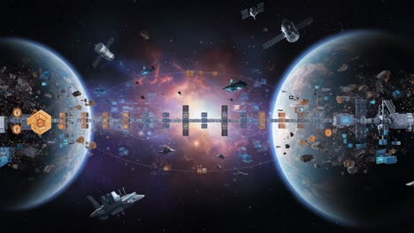 a stunning visual of cosmic exploration: futuristic spacecraft navigate through the depths of space, surrounded by asteroids and advanced technology