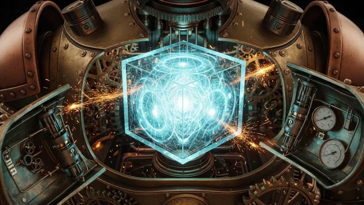 A Steampunk-Inspired Mechanism Unleashes Energetic Sparks Around a Glowing Cube, Merging Technology and Fantasy in a Visual Spectacle of Creative Ingenuity