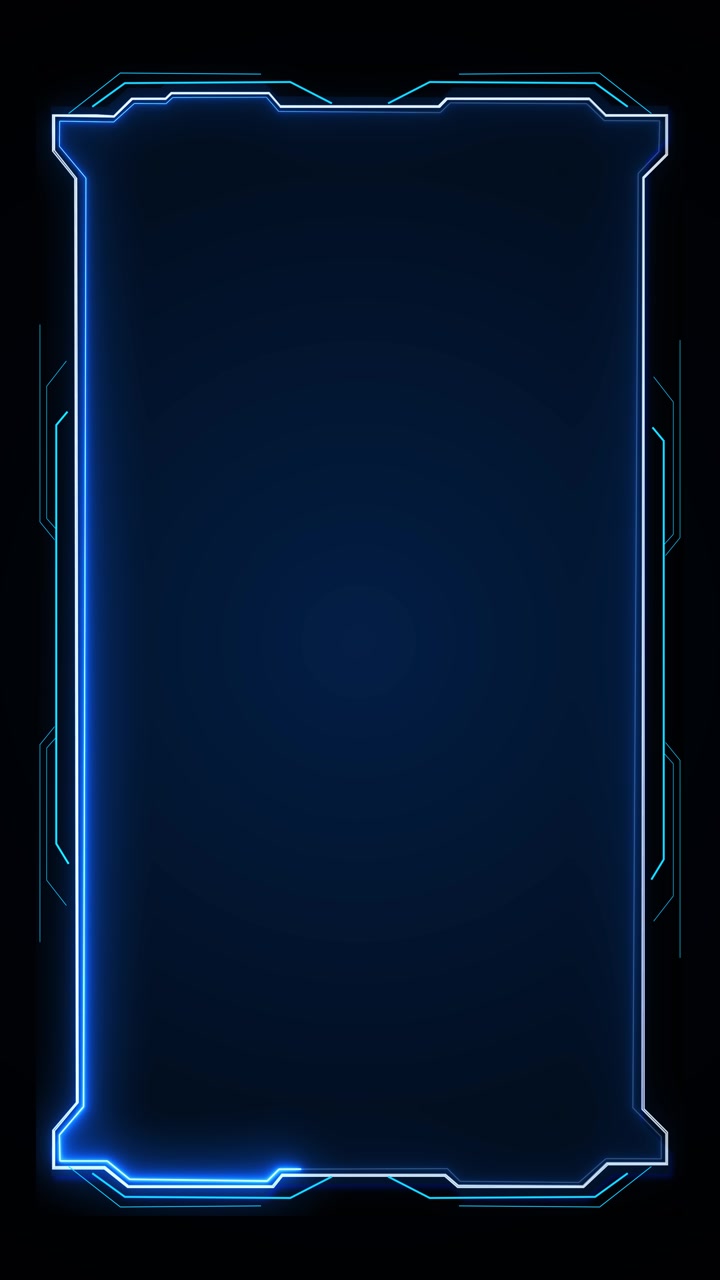 Schermata titolo bordo tecnologico blu neon, linee ciano, angoli luminosi, spazio centrale scuro, cornice digitale moderna