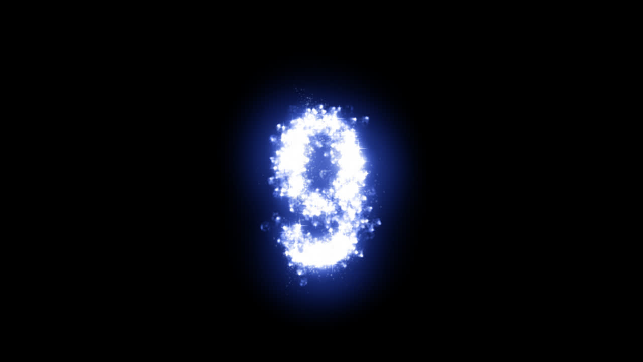 Numero nove luminoso con stelle scintillanti su sfondo trasparente