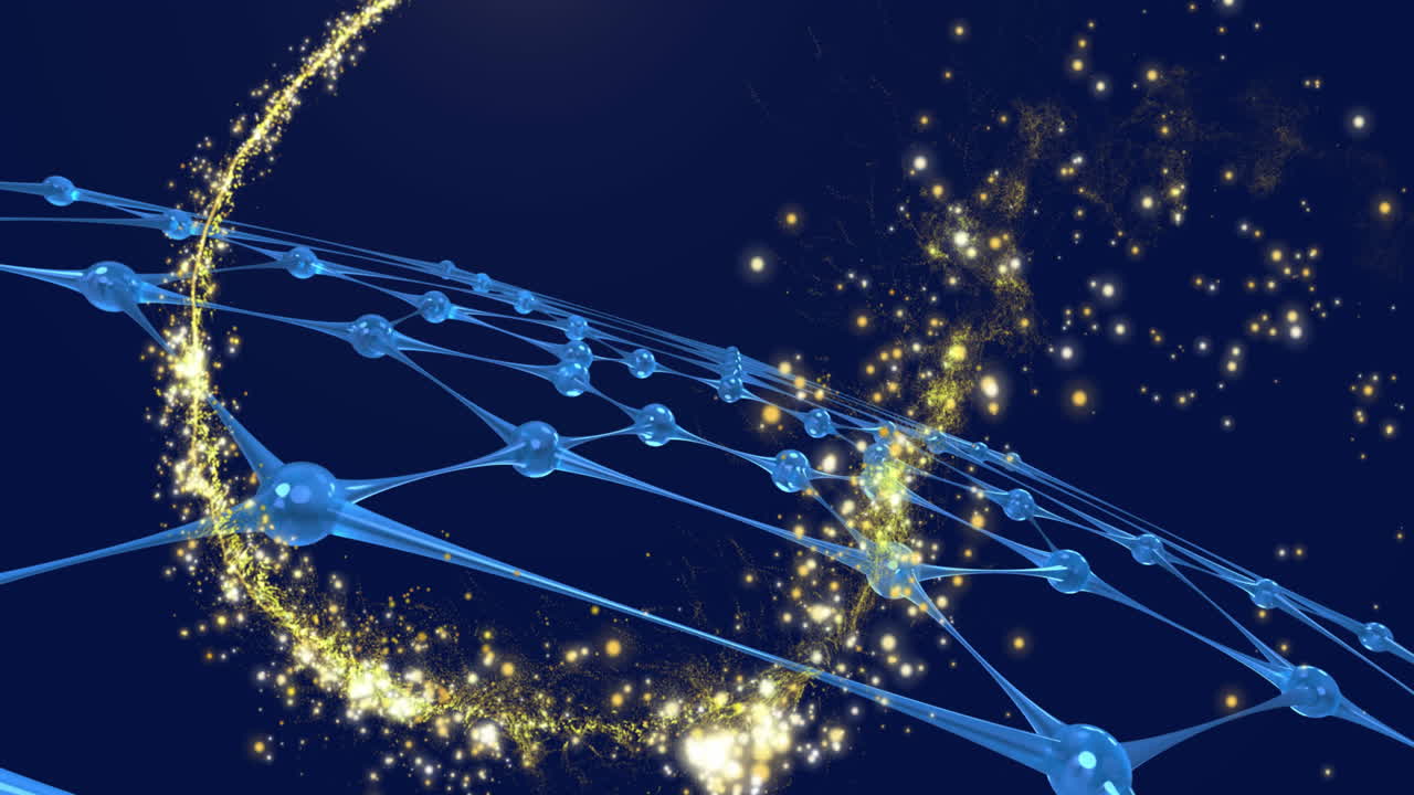 검은 바탕에 연결 네트워크를 통해 빛의 반점의 애니메이션