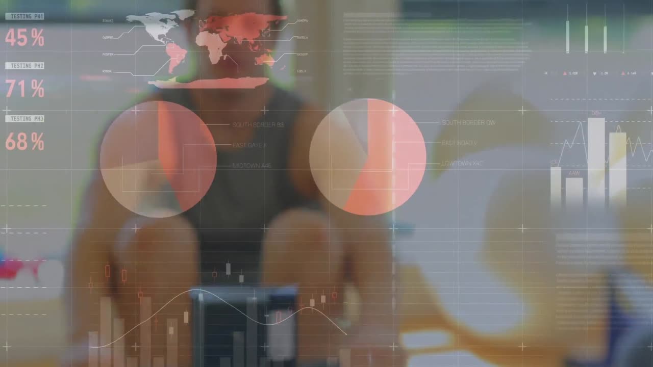 Animation of statistics and data processing over man using rowing machine