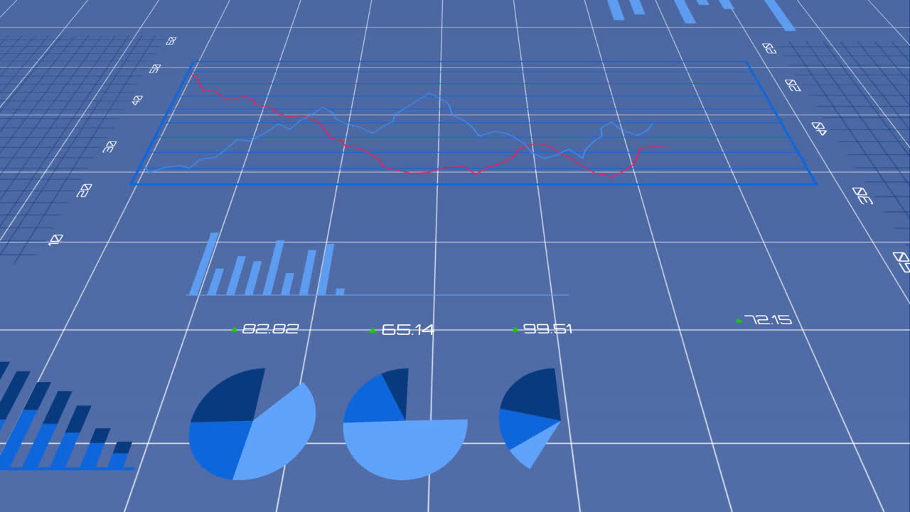 Animation of multiple graphs with changing numbers against abstract background