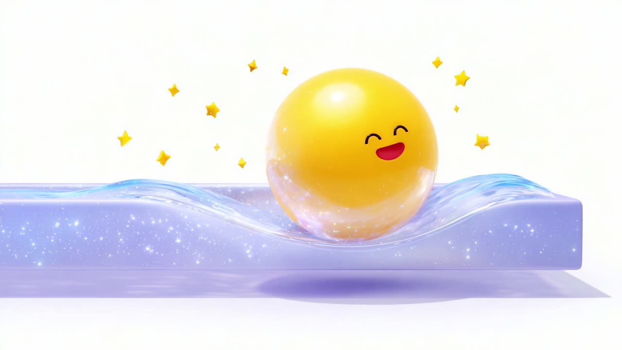 A cheerful yellow sphere glides gracefully over a magical shimmering surface, radiating positivity and joy while surrounded by sparkling stars, in a vibrant and playful digital scene