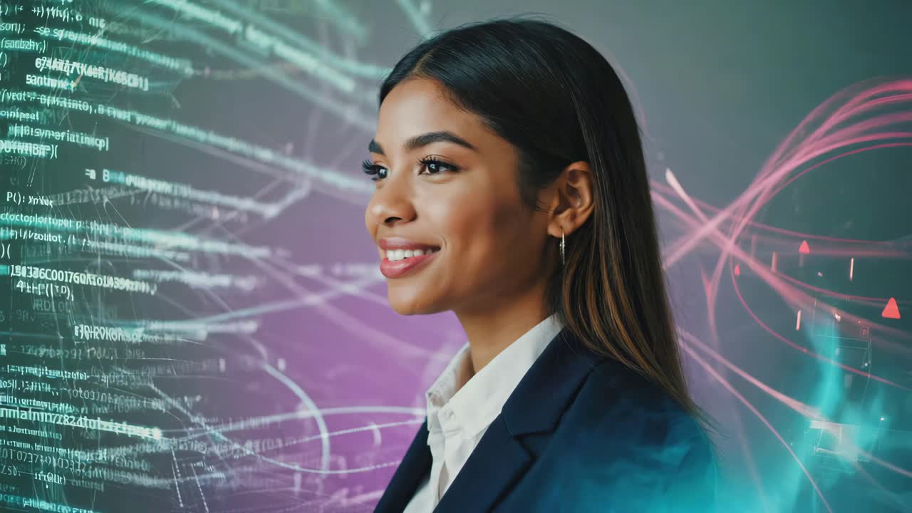 Woman in business with technology and code background