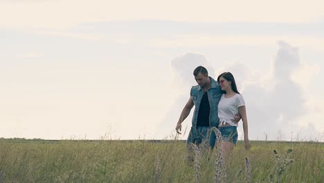 Ein-Paar-Geht-Auf-Einem-Gelben-Feld-Mit-Blumen-Unter-Weißem-Himmel-Spazieren