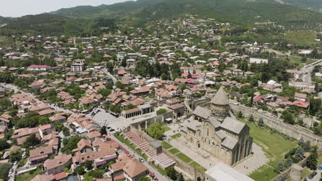 flying over svetitskhoveli cathedral in the historic town of mtskheta, georgia