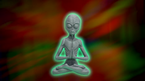 computer animated alien doing yoga and colorful northern lights flashing on black sky in background - aurora borealis