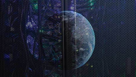 animation of globe over illuminated back panel of server rack in server room