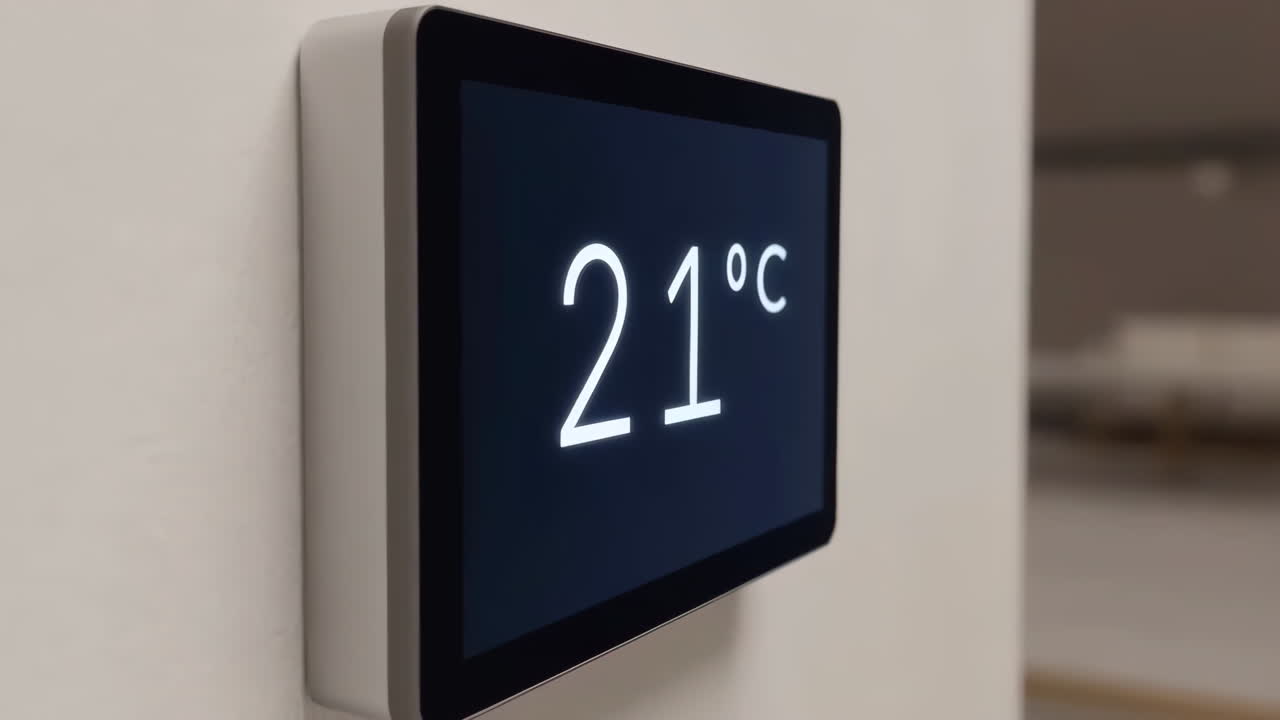 Digital Thermostat Displaying 21 Degrees Celsius on a Wall