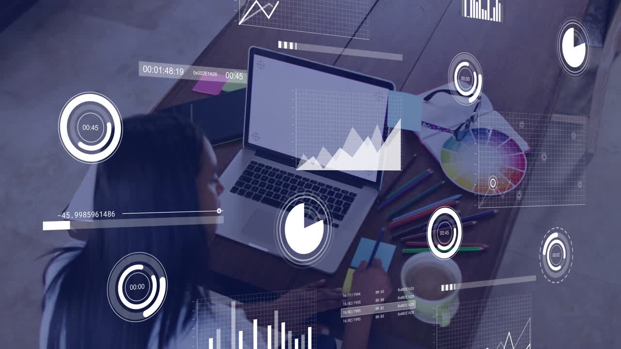 Woman leaning to laptop, tapping phone, arranging notes, HUD charts animating over desk for design