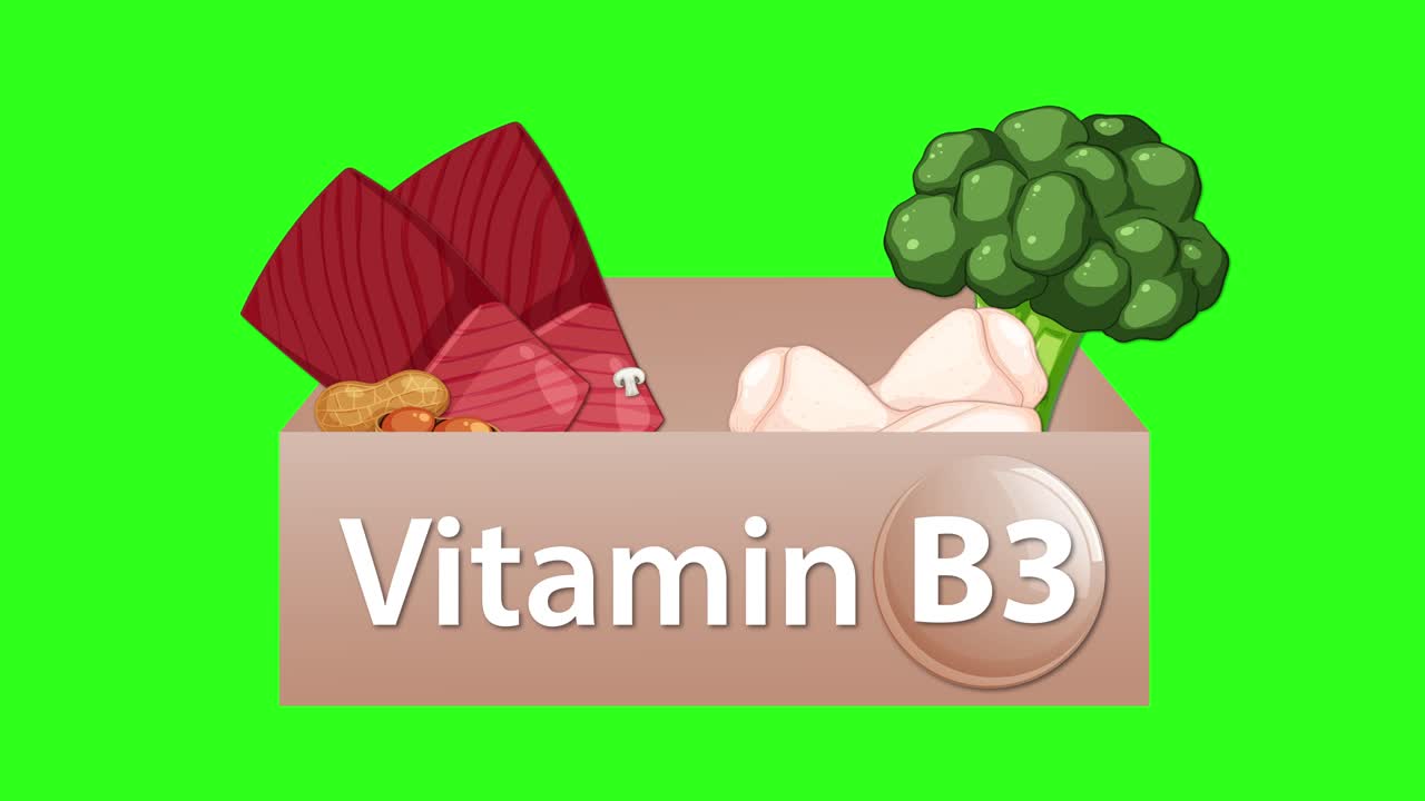 Casella con l'etichetta Vitamina B3 che si riempie di cibi salutari illustrati, camera fluida, sfondo verde brillante