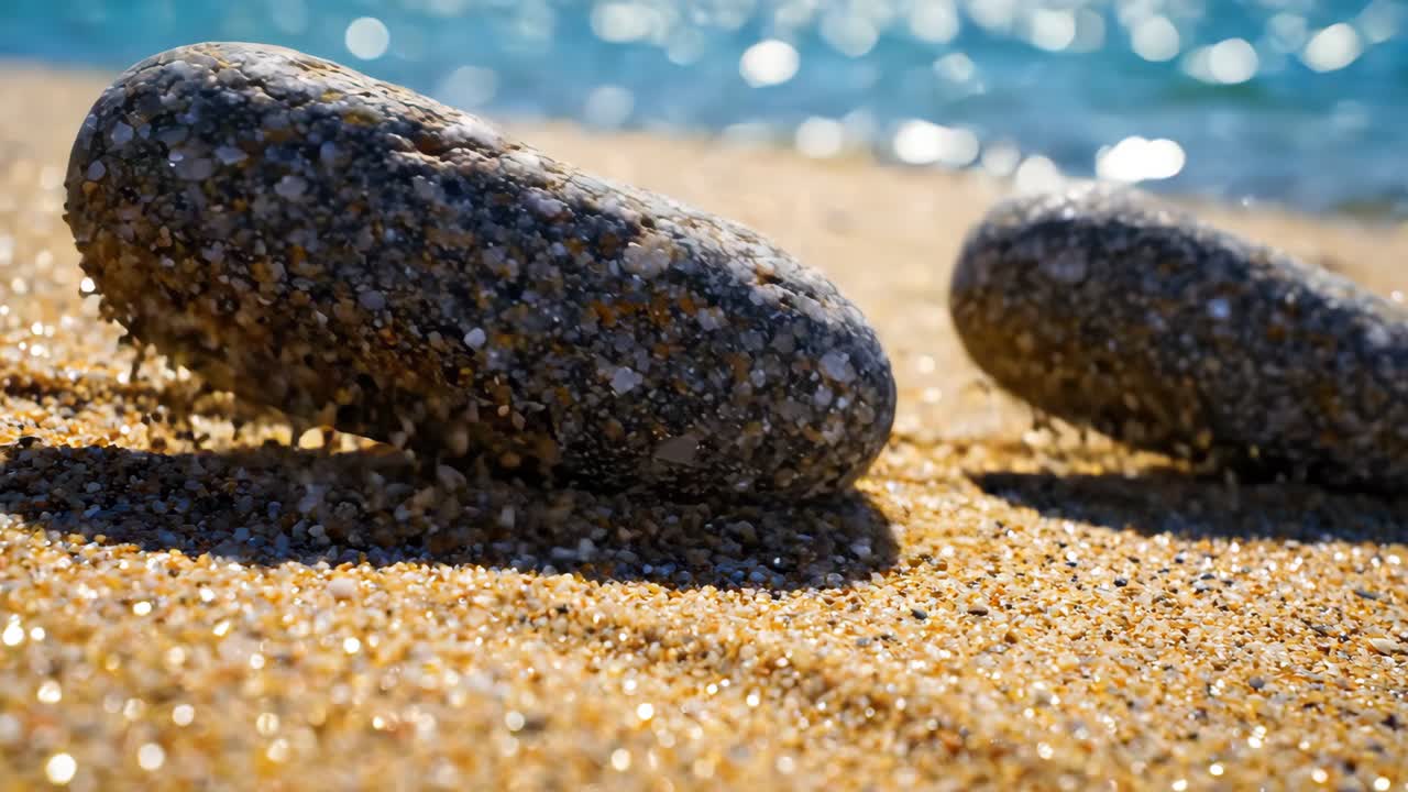 Kieselsteine auf goldenem Sand mit glitzerndem Meerwasser