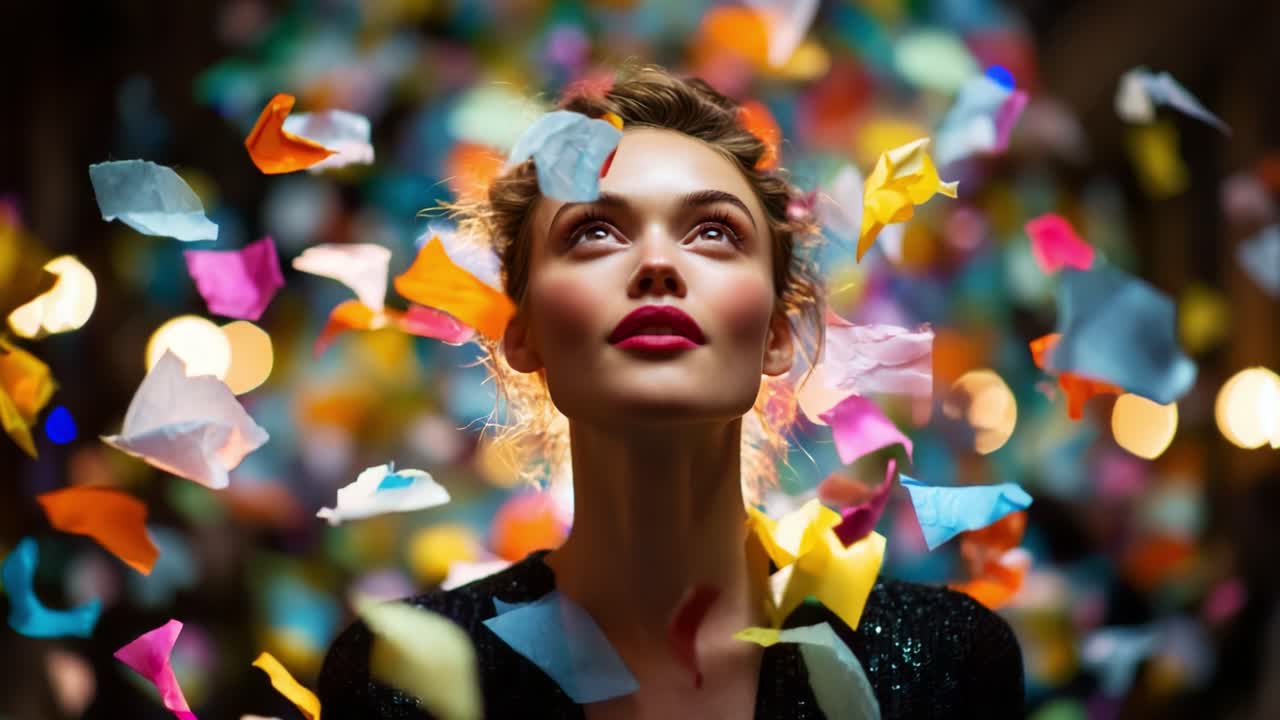 A Captivating Moment of Joy: A Woman Surrounded by Colorful Confetti, Embodying Celebration and Elegance as She Enjoys a Magical Evening Filled with Laughter and Light
