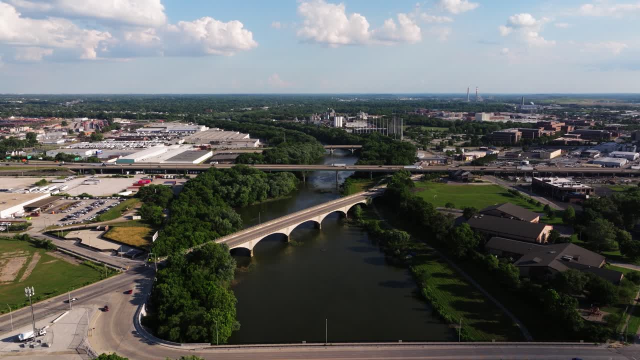 Smooth forward dolly drone shot toward JW Marriott and downtown Indianapolis skyline