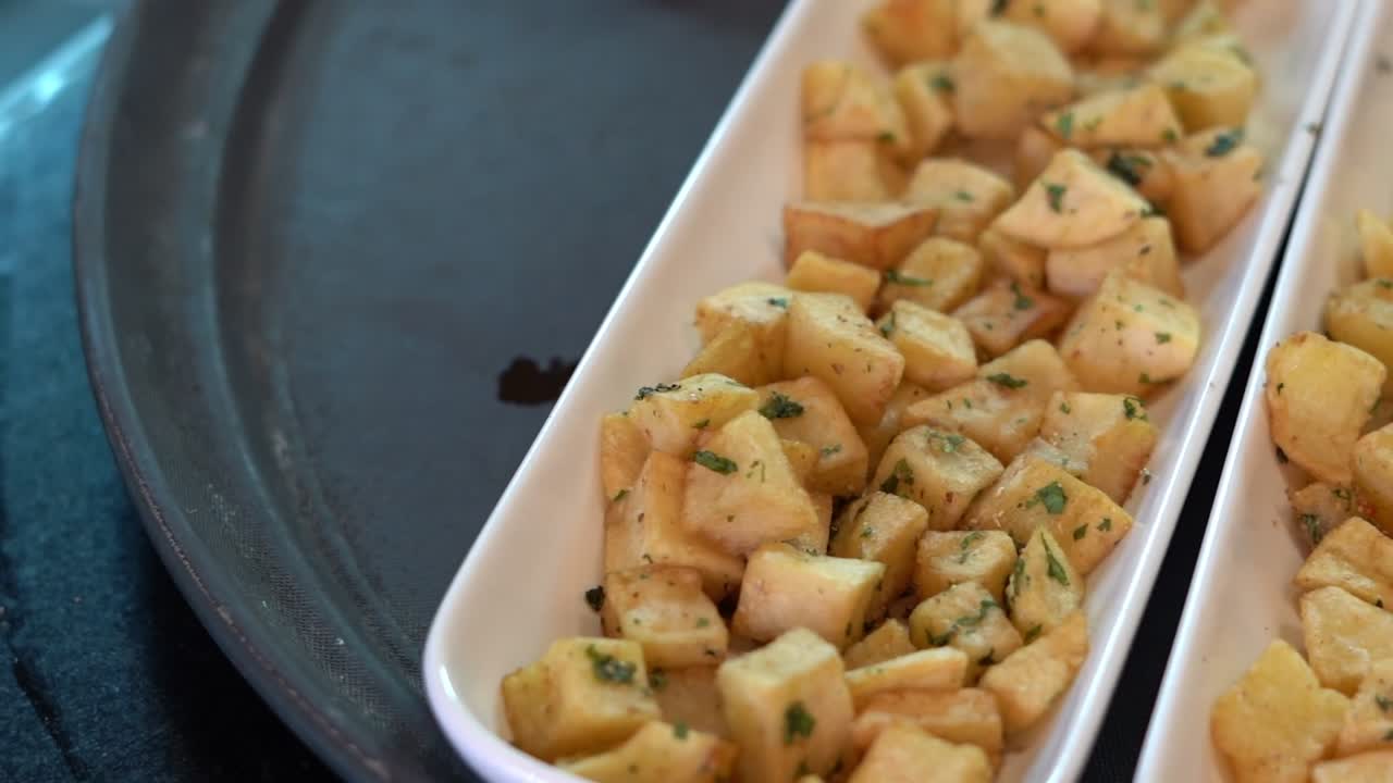 View of food in open buffet, close up shot, high angle shot