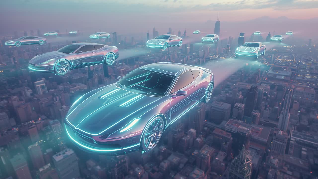 Darkening skyline initiating neon concept cars rising above city, with pulsing undercar lights