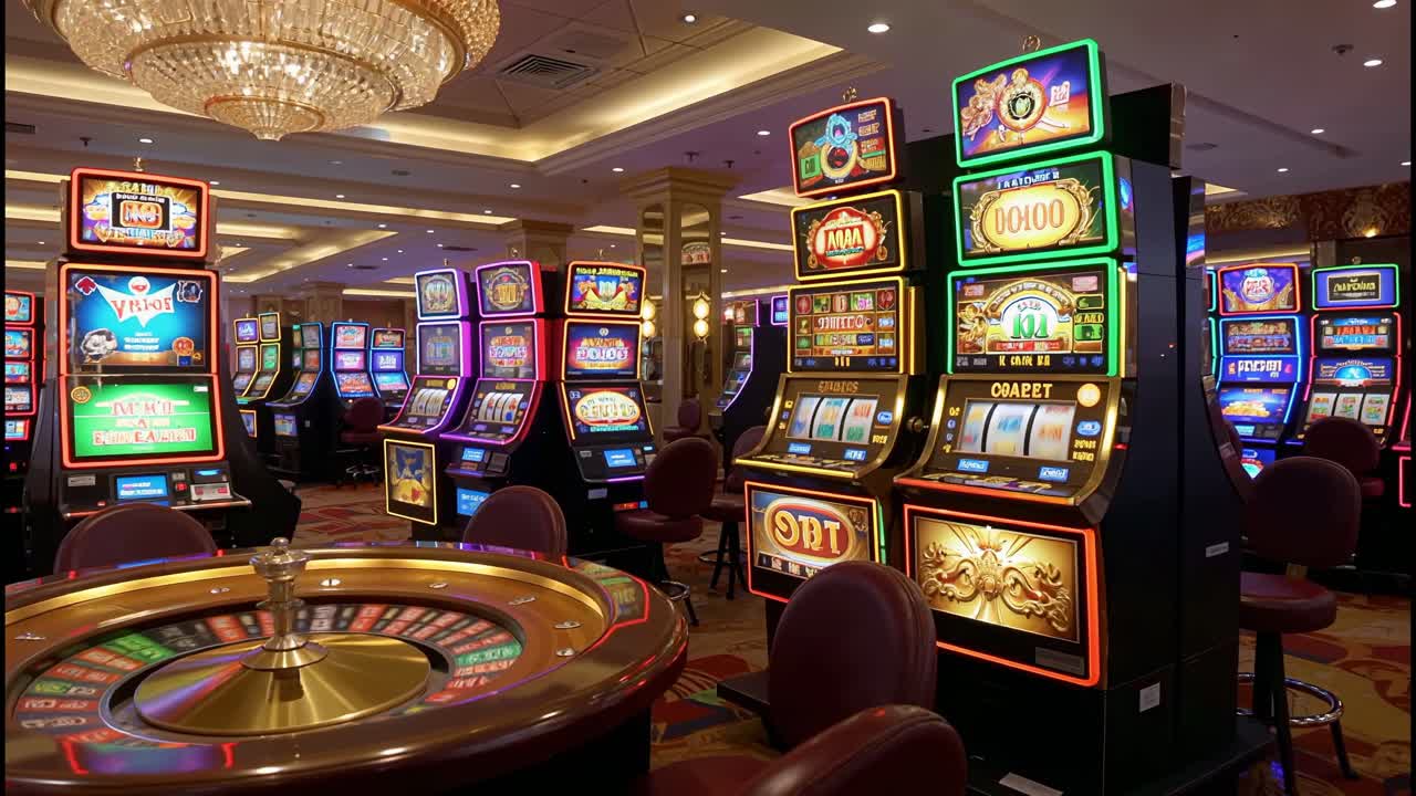 Colorful casino floor with slot machines