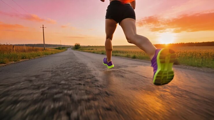 Corritrice con crop top e scarpe al neon su una strada rurale al tramonto, il piede destro che impatta il terreno durante l'allenamento.