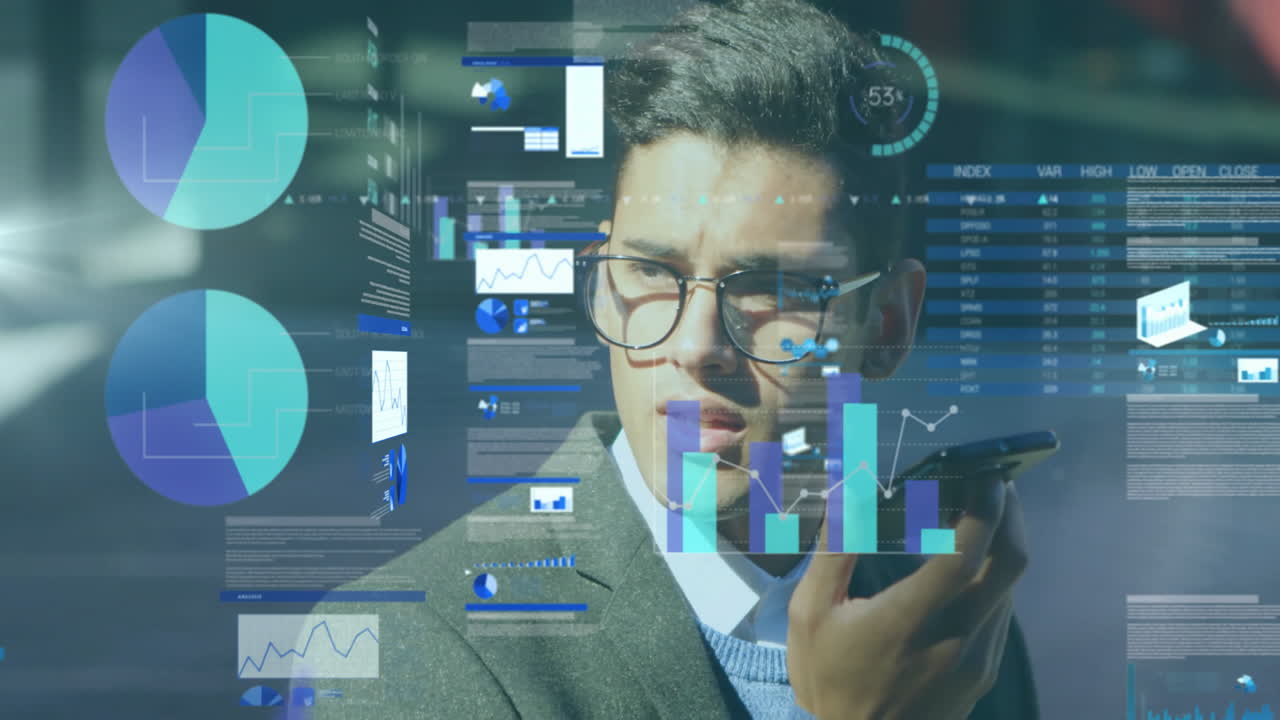 Analyzing financial graphs, businessman using animation tools in modern office