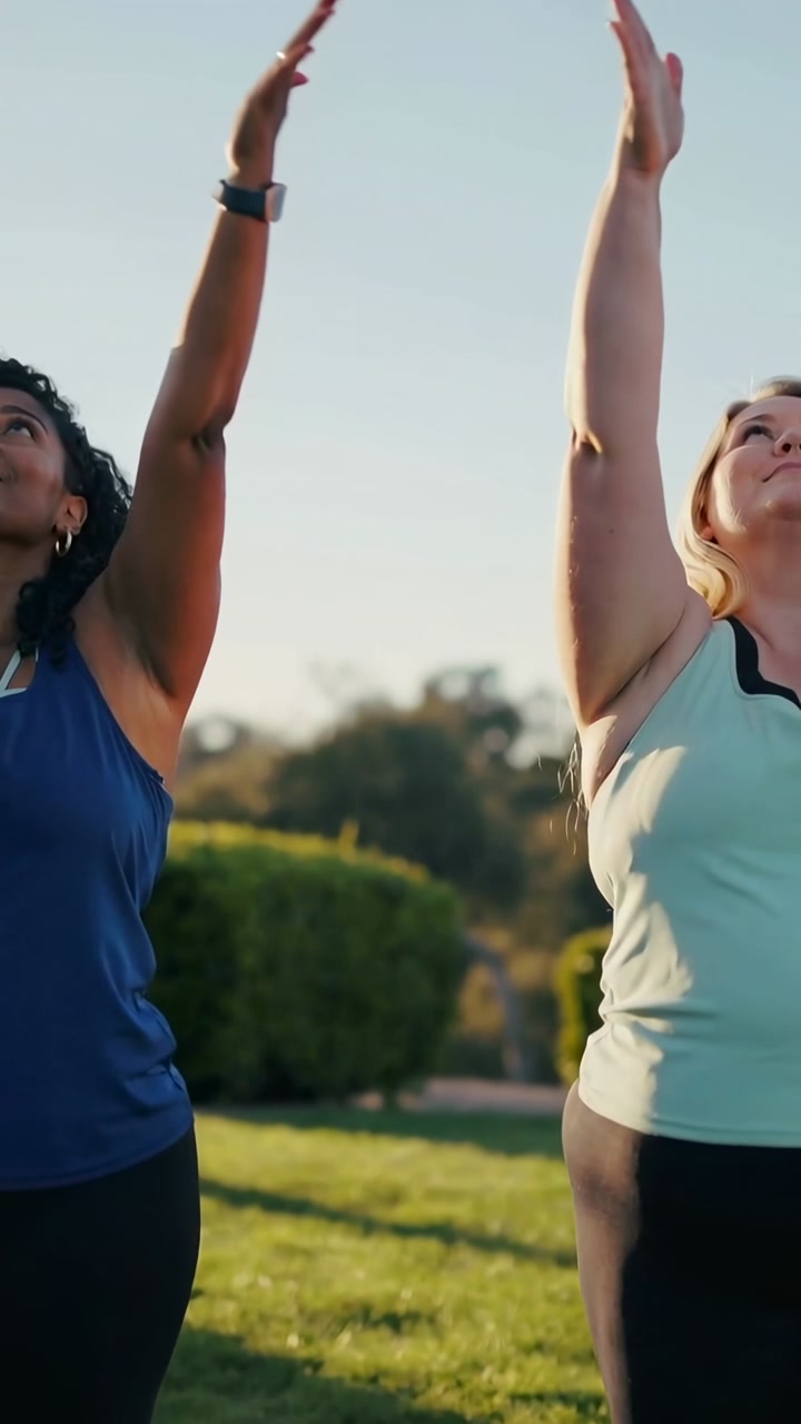 Two women standing on grass, touching hands then raising arms over pink mats in fitness routine