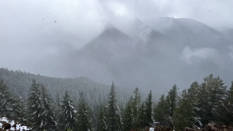 Snowfall-in-winter-mountain-landscape-with-pine-forest-below