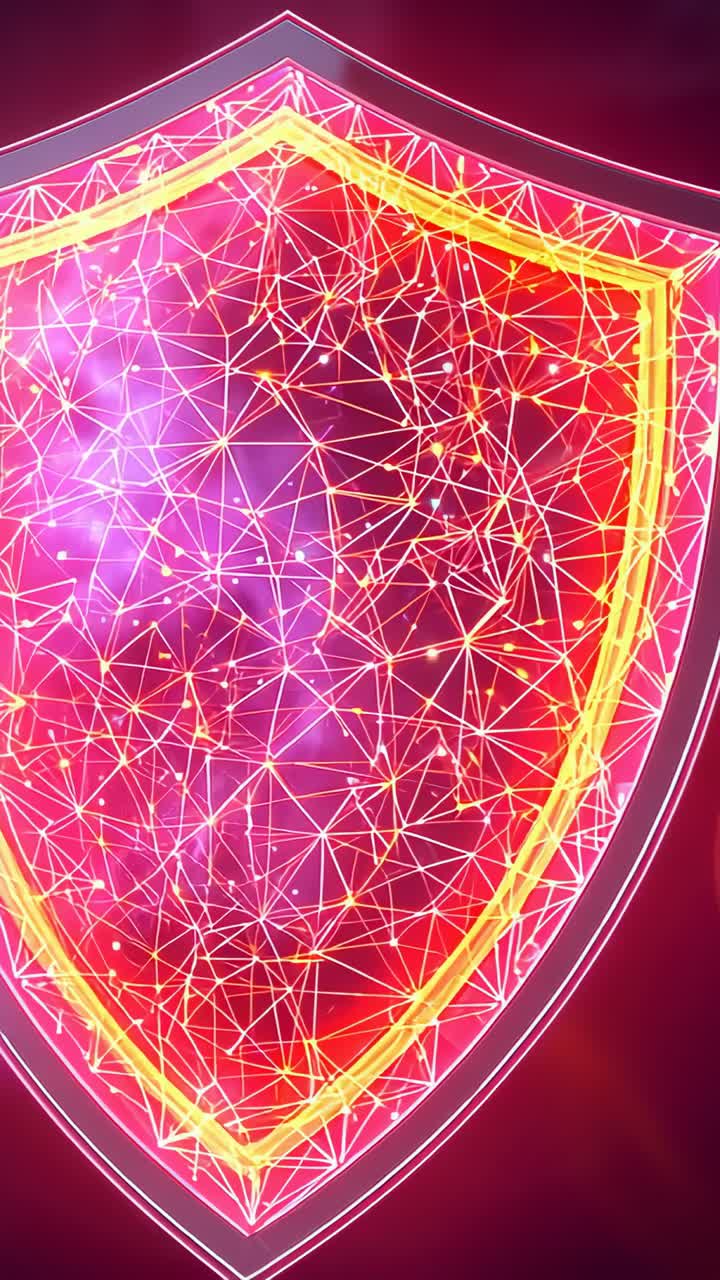 Video verticale: sfondo luminoso che rivela uno scudo in uno spazio viola con nodi di rete pulsanti