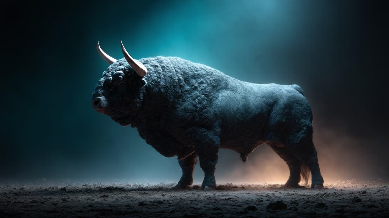 Majestic Bull Stands Strong Against a Mystical Background, Showcasing Powerful Presence and Sheen in Dramatic Lighting