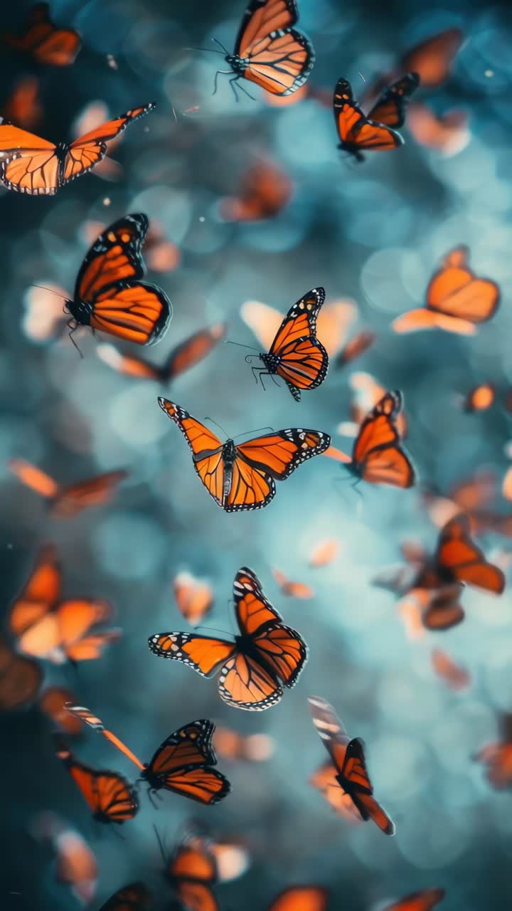 Un'immagine video fissa ipnotica di vivaci farfalle arancioni in volo, ripresa da un angolo basso, ambientata