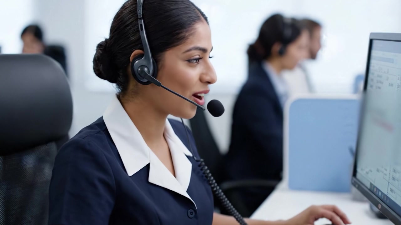 Un'operatrice di call center professionale assiste i clienti con competenza ed efficienza in un moderno ambiente d'ufficio, mettendo in mostra abilità comunicative e collaborazione di squadra