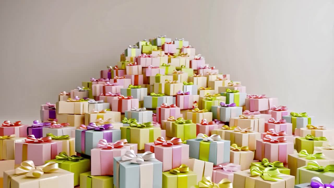 A large pile of colorful gift boxes with ribbons