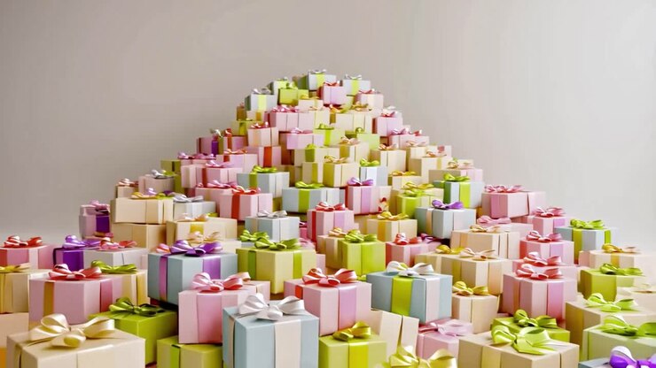 A large pile of colorful gift boxes with ribbons