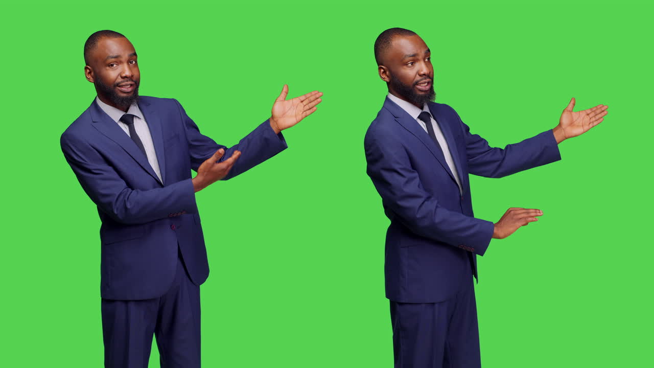 African American Businessman Presenting on Green Screen