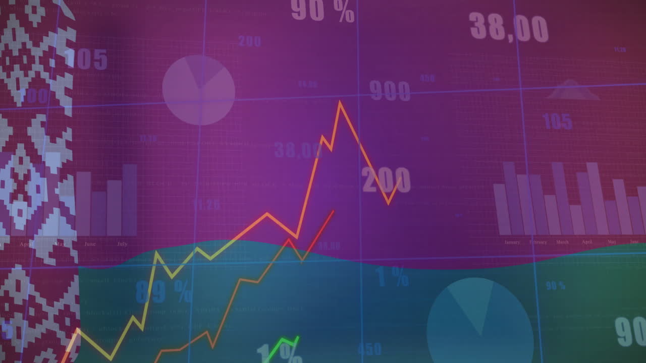 gráficos de datos financieros y animación de gráficos sobre un fondo colorido