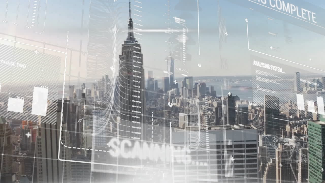 도시 풍경 위의 금융 데이터 처리 애니메이션