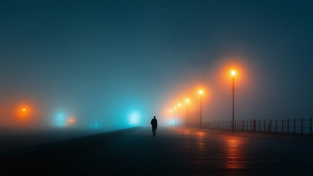 A solitary figure walks through a misty, illuminated pier at night, emphasizing the contrast between darkness and the glowing lights amidst thick fog