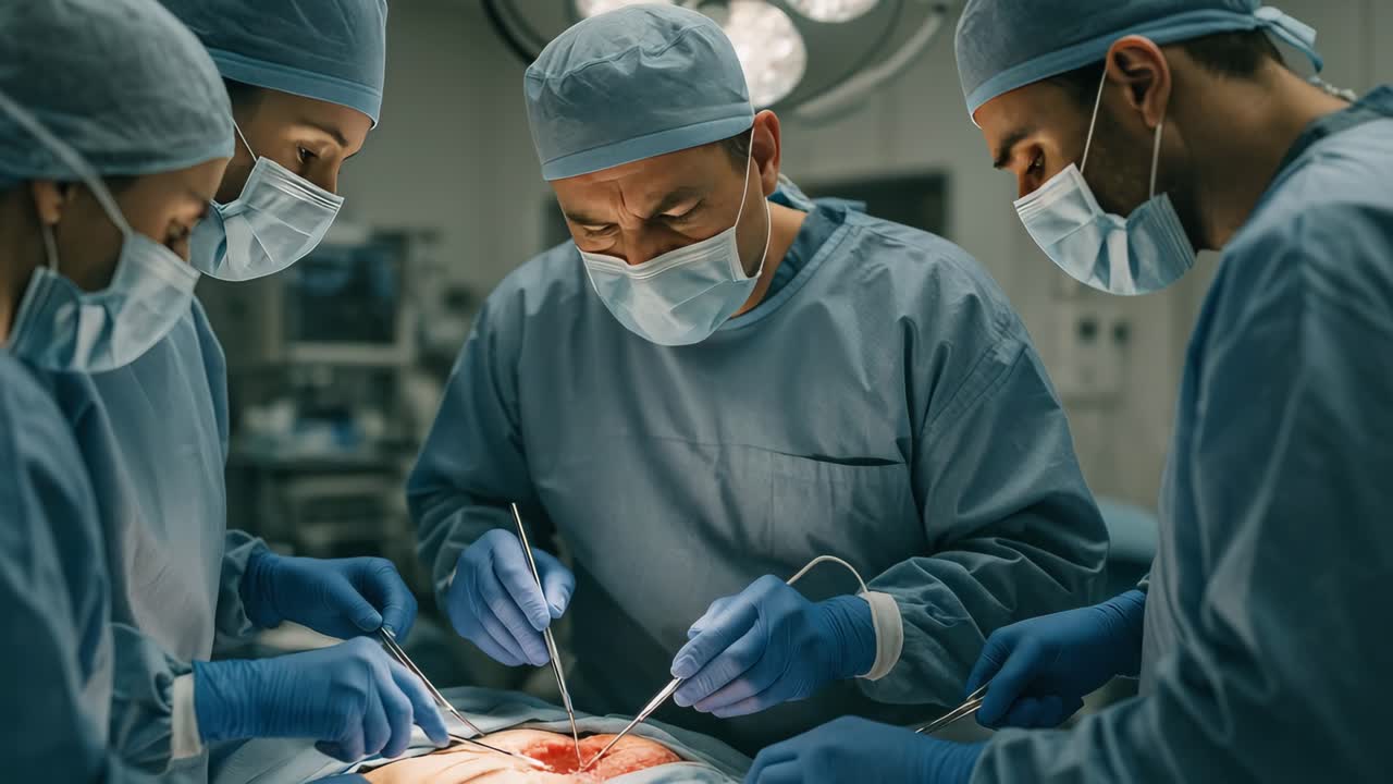 A high-angle video captures focused surgeons in a sterile operating room, performing surgery