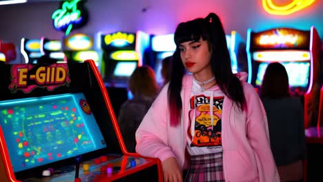 una adolescente en una sala de juegos