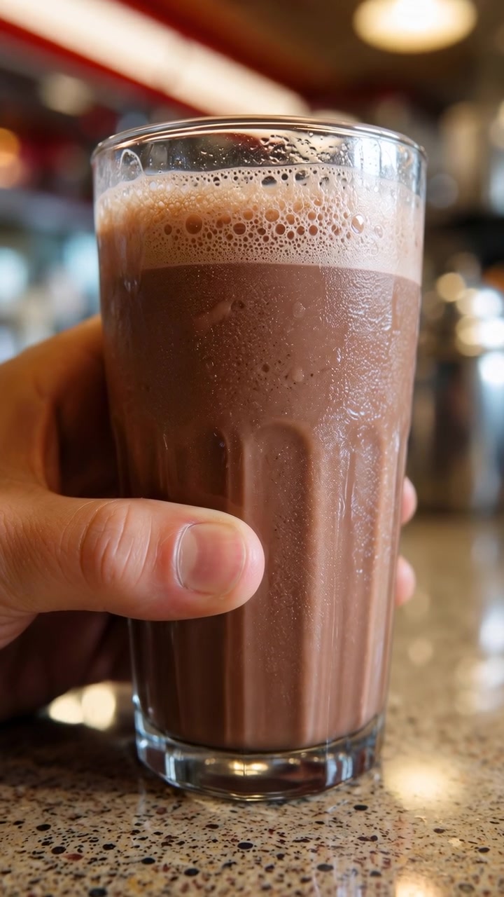 Primo piano di una mano che solleva un alto bicchiere scanalato trasparente pieno di una bevanda al cioccolato spumosa, che mostra la presa del pollice, schiuma cremosa, microbolle, condensa, riflessi caldi e uno sfondo di caffè leggermente sfocato