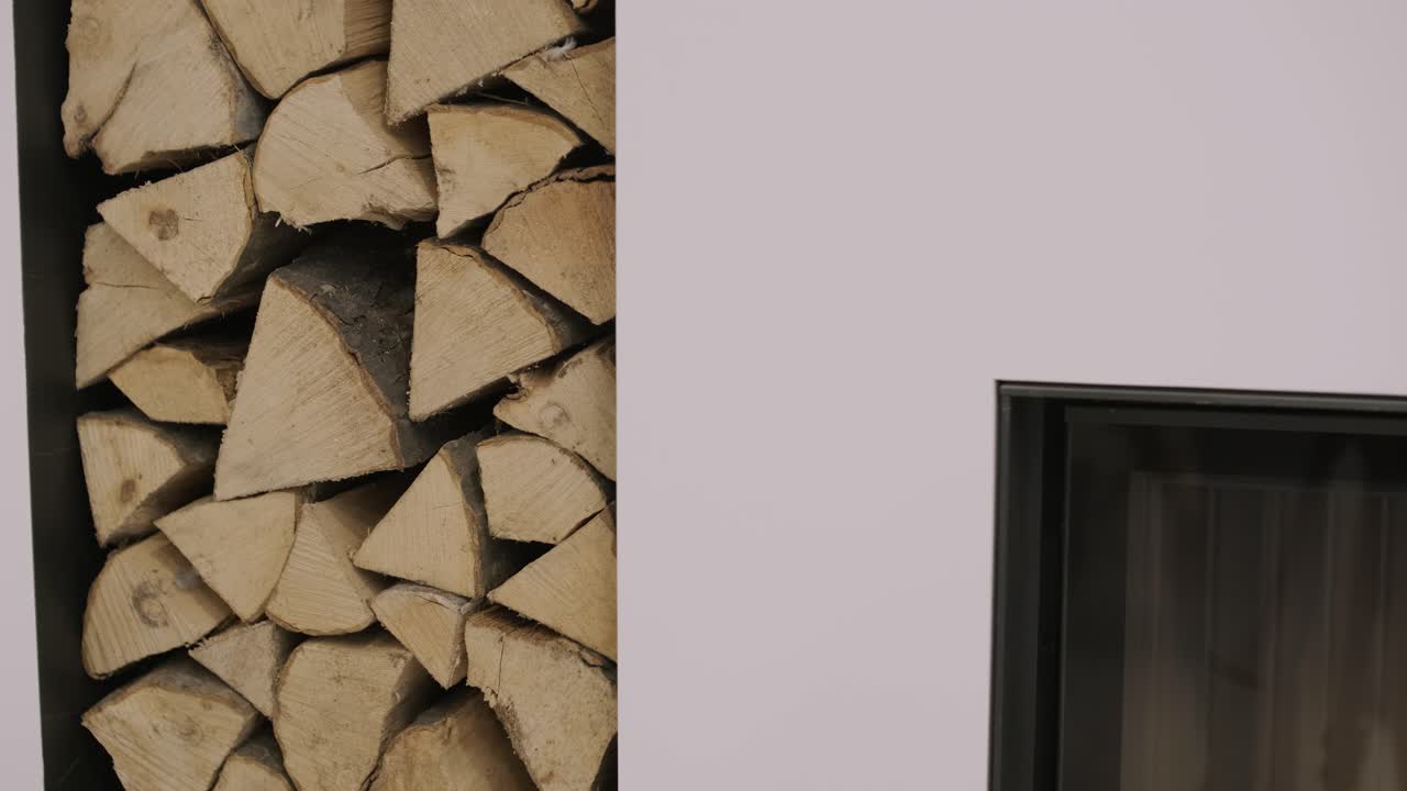 lujosa chimenea de diseño moderno que quema leña, puerta con ventana de vidrio resistente al fuego. chimenea moderna elegante y un estante especial para leña