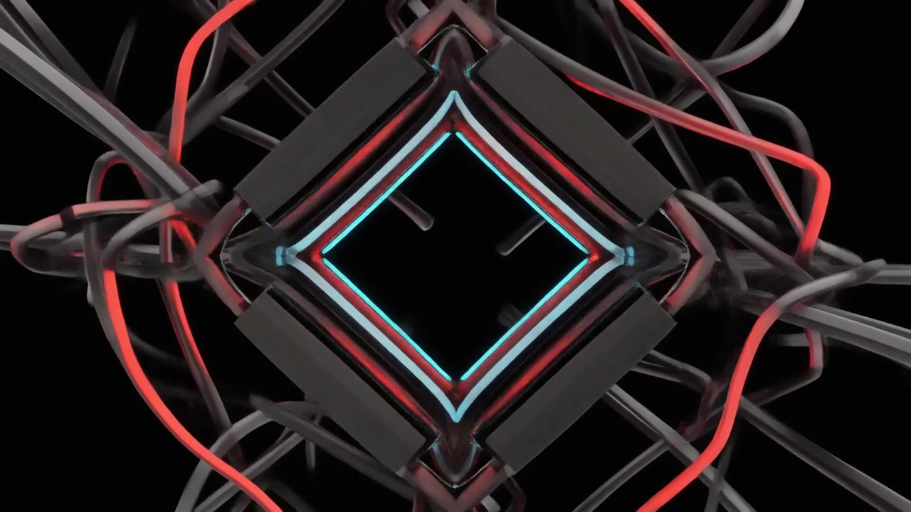 Abstract 3D Animation of Interconnected Glowing Cables and Geometric Shapes