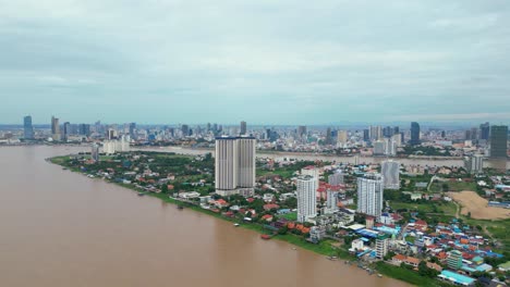 phnom penh city riverfront buildings construction and development, tonle sap river and mekong river street, panoramic drone shot