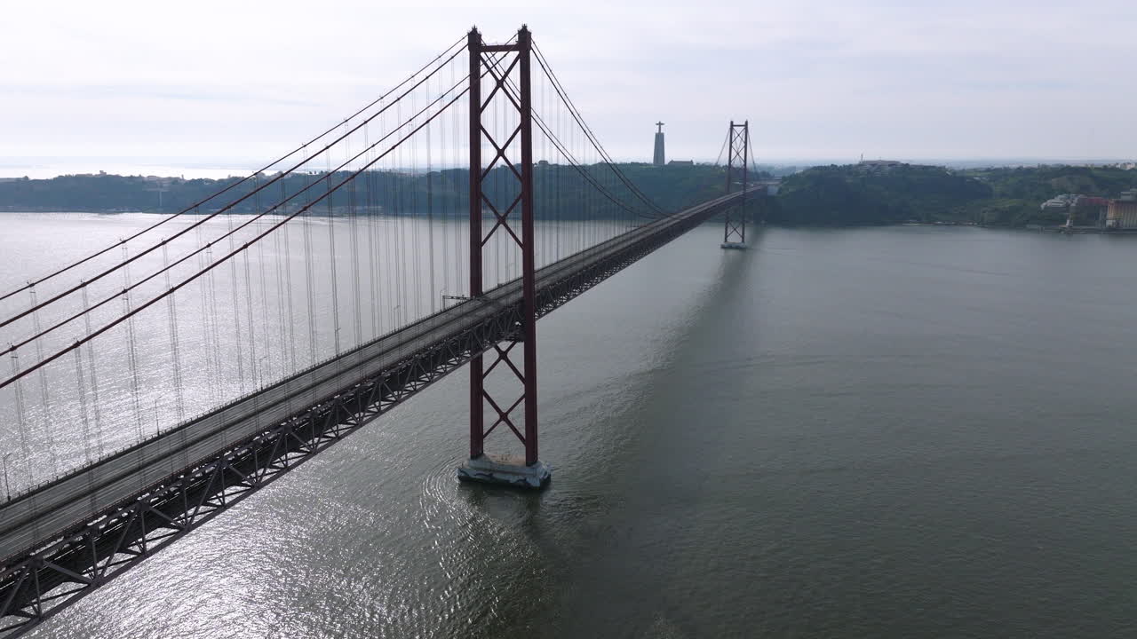 Beautiful aerial drone shot of the iconic famous red 25th April suspension bridge. Bridge empty before long-distance running event in Lisbon, Portugal, Europe. Tagus river panorama. No cars or traffic