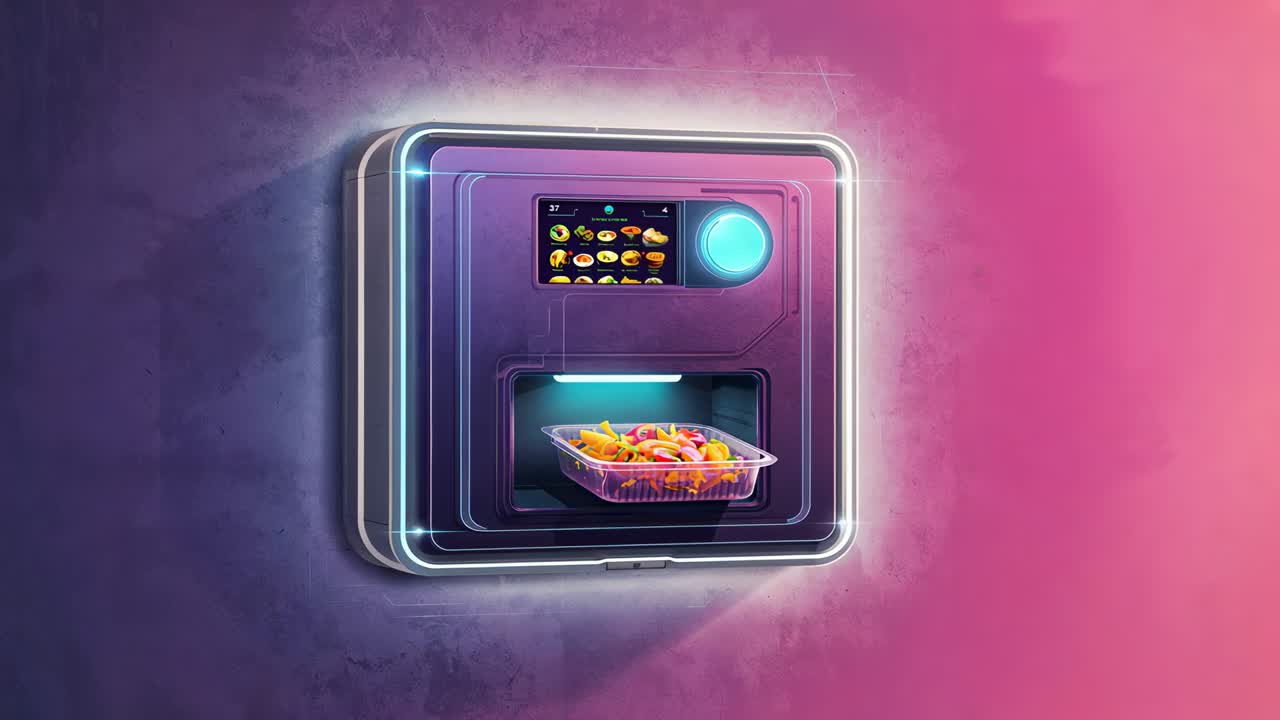 Zooming camera revealing mounted smart food dispenser at showroom, highlighting screen and tray