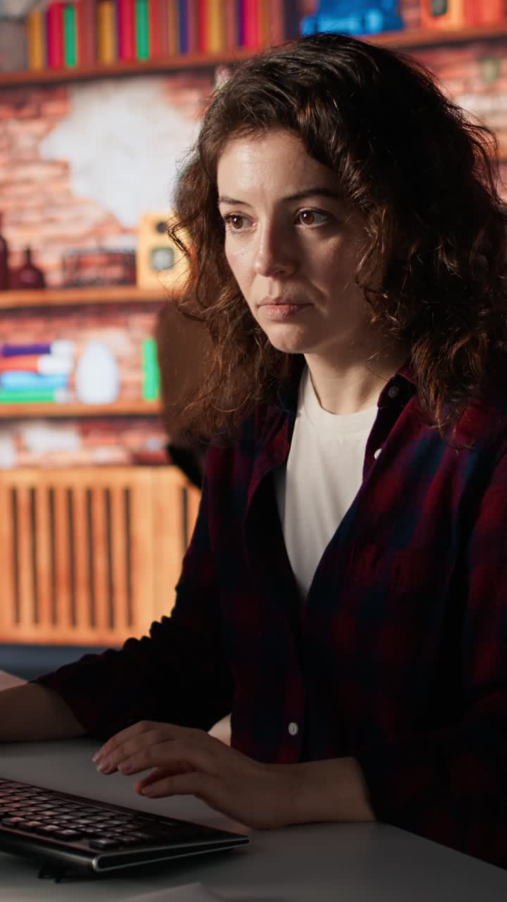 Vertical video Portrait of happy woman working in AI tech agency