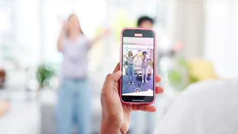 Woman,-phone-and-friends-recording-dance