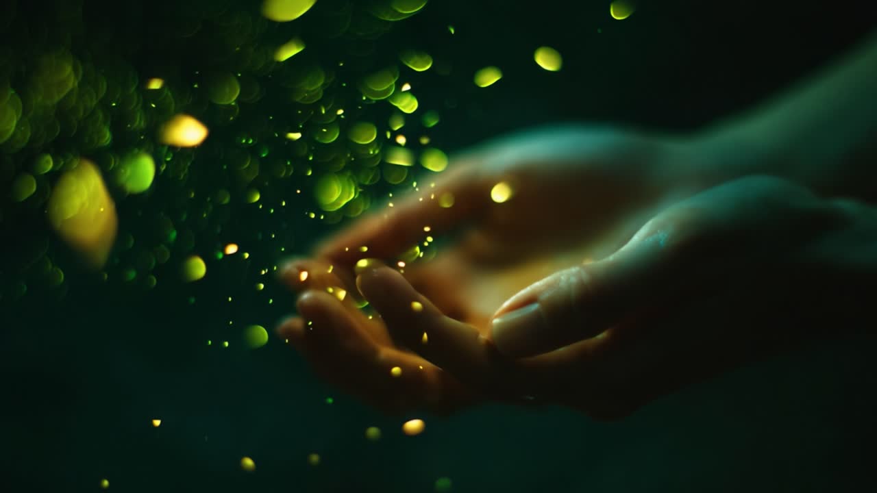 Captivating hands releasing vibrant particles of light against a dark backdrop, symbolizing the beauty of nature's essence and the transformation of energy into a mystical flow