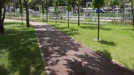 urban park path with bus stop