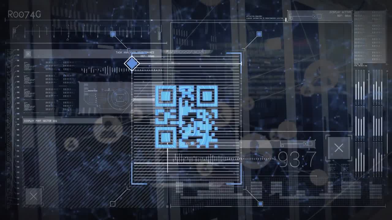 qr 코드 스캐너의 애니메이션과 컴퓨터 서버의 클로즈업에 대한 데이터 처리 인터페이스