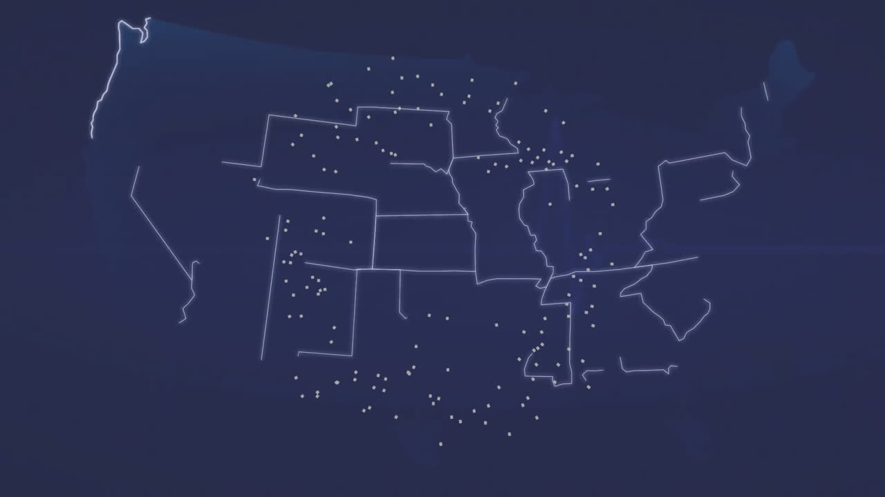 Map of United States with glowing dots animation over blue background